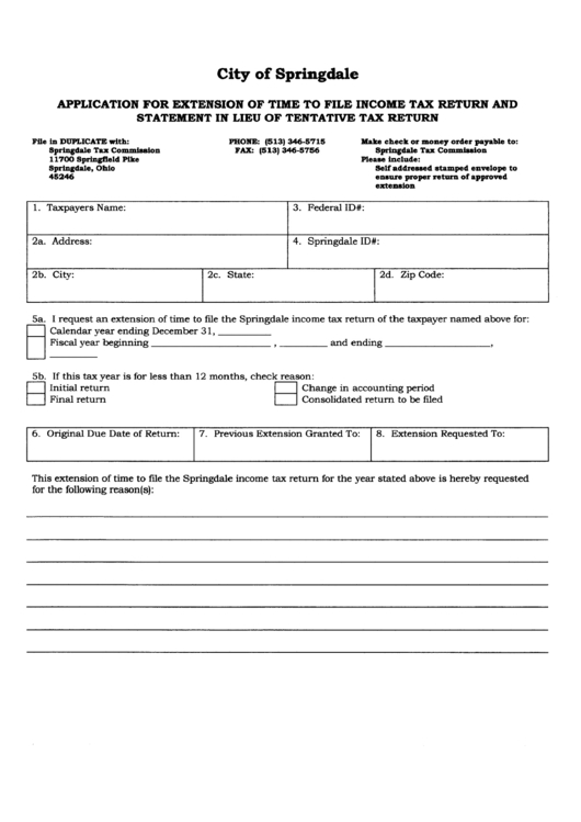 Application Form For Extension Of Time To File Income Tax Return And Statement In Liieu Of Tentative Tax Return - Springdale Tax Comission Printable pdf
