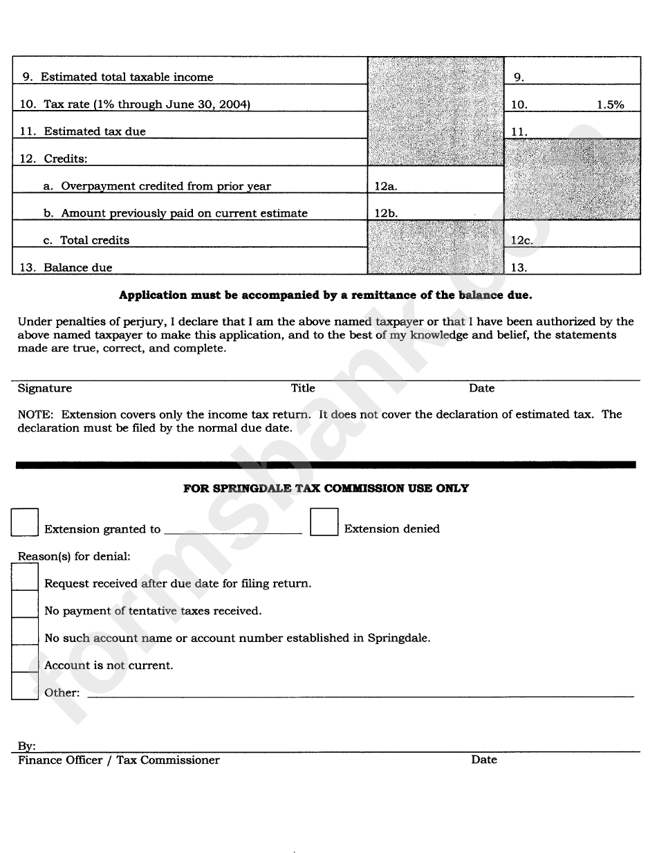 Application Form For Extension Of Time To File Income Tax Return And Statement In Liieu Of Tentative Tax Return - Springdale Tax Comission