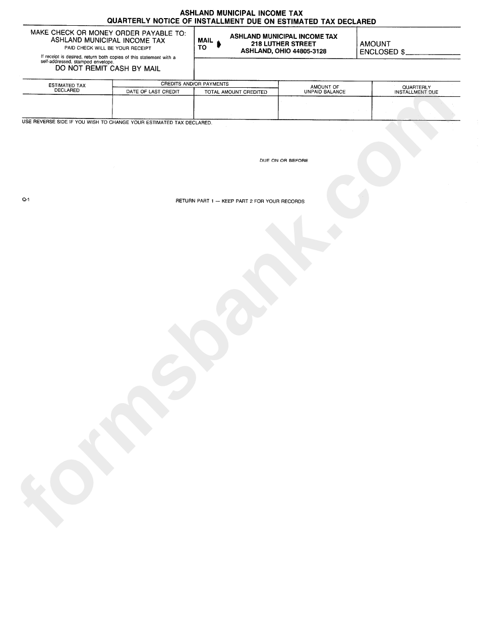 Quarterly Notice Of Installment Due On Estimated Tax Declared Form - Ashland Municipal Income Tax - Ohio