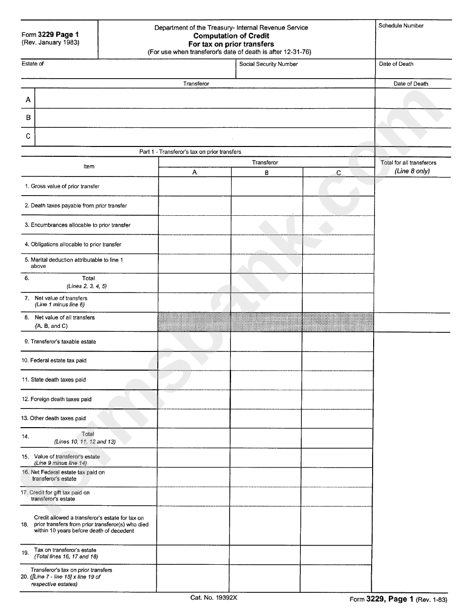 Form 3229 - Computation Of Credit For Tax On Prior Transfers Form
