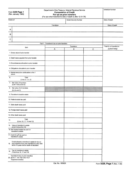 Form 3229 - Computation Of Credit For Tax On Prior Transfers Form Printable pdf
