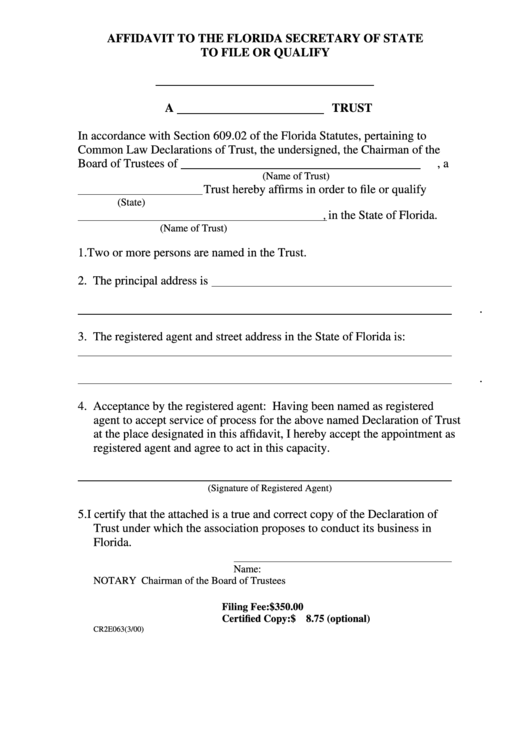 Affidavit To The Florida Secretary Of State To File Or Qualify Form Printable pdf