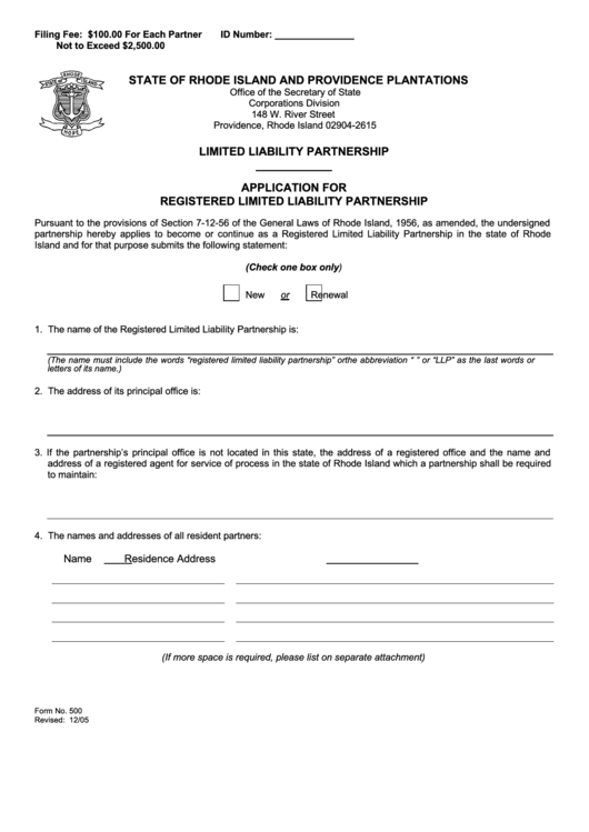 Fillable Form 500 - Application For Registered Limited Liability Partnership - 2005 Printable pdf