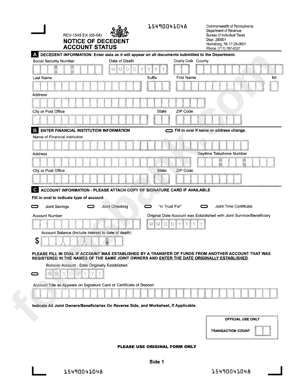 Form Rev-1549 - Notice Of Decedent Account Status
