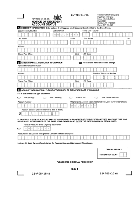 Form Rev-1549 - Notice Of Decedent Account Status Printable pdf
