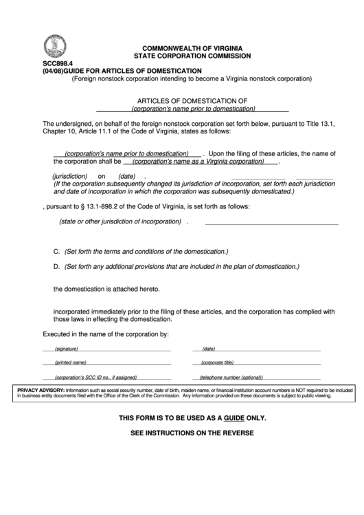 Form Scc898.4 - Guide For Articles Of Domestication Printable pdf