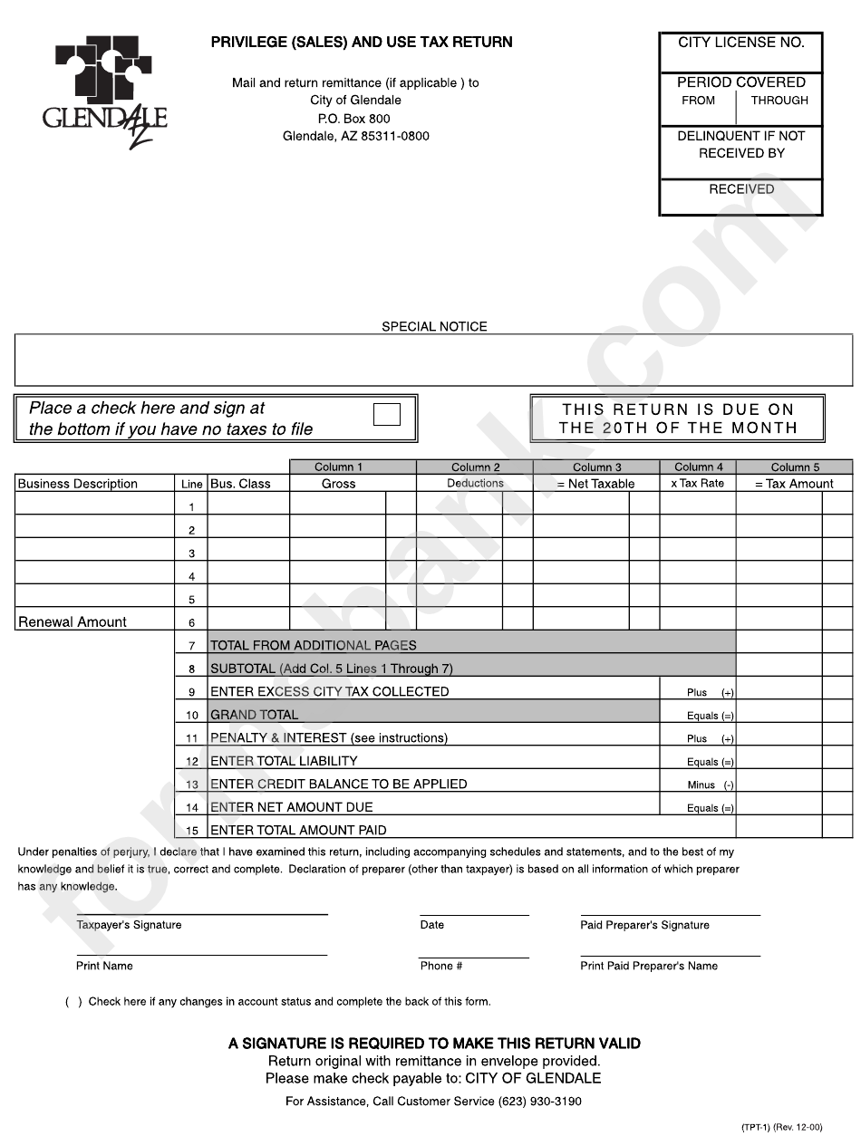 Privilege (Sales) And Use Tax Return Form - Glendale