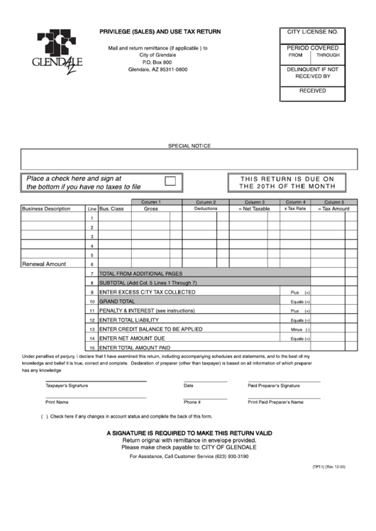 Privilege (Sales) And Use Tax Return Form - Glendale Printable pdf