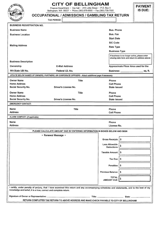 Occupational/ Admissions / Gambling Tax Return Form - City Of Bellingham Printable pdf