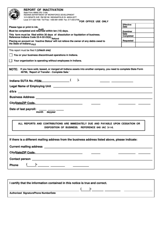 Fillable Form 46800 - Report Of Inactivation Printable pdf