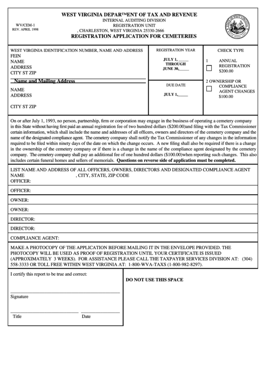 Form Wv/cem-1 - Registration Application For Cemeteries Printable pdf