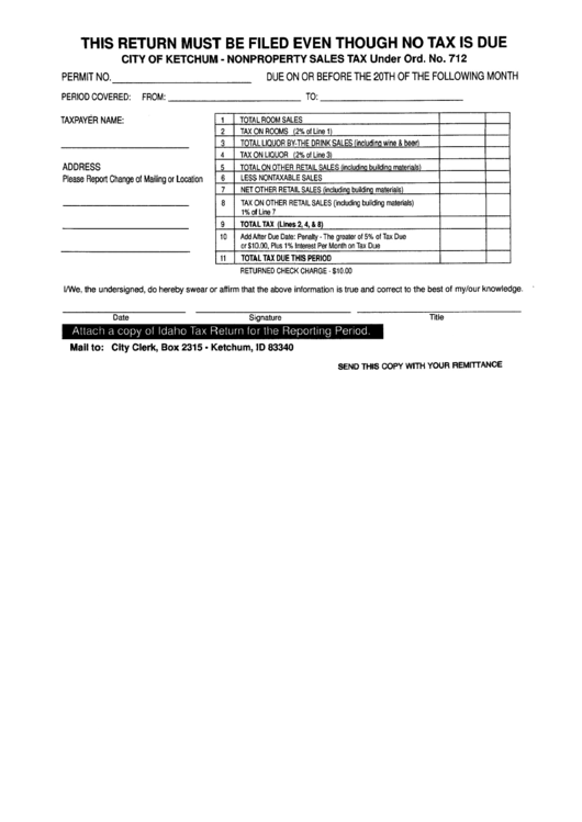 Nonproperty Sales Tax Form - City Of Ketchum Printable pdf