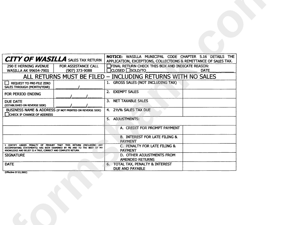 Sales Tax Return Form - City Of Wasilla
