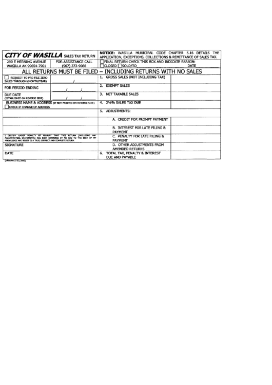 Sales Tax Return Form - City Of Wasilla Printable pdf