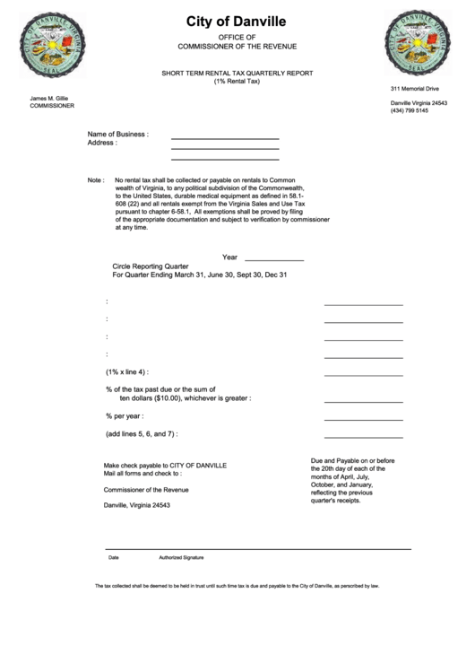 Short Term Rental Tax Quarterly Report (1% Rental Tax) Form Printable pdf