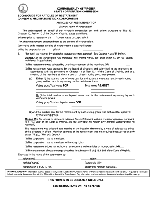 Form Scc889 - Guide For Articles Of Restatement Of A Virginia Nonstock Corporation Printable pdf