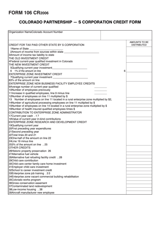 Fillable Form 106 Cr - Colorado Partnership - S Corporation Credit - 2006 Printable pdf