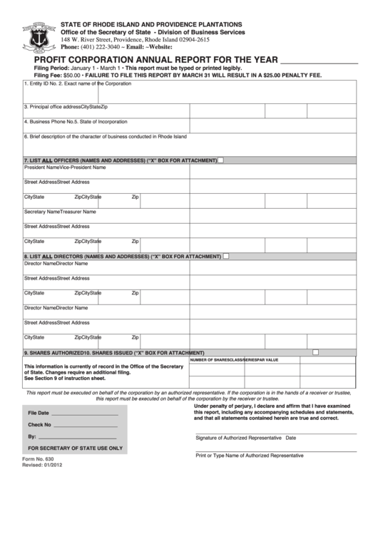Fillable Form 630 - Profit Corporation Annual Report For The Year Printable pdf