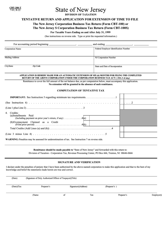 Form Cbt-200-T - Tentative Return And Application For Extension Of Time To File Printable pdf