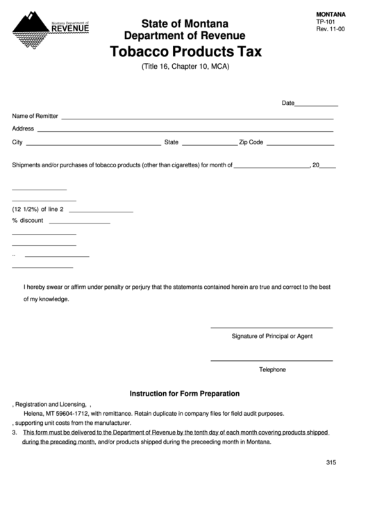 Form Tp-101 - Tobacco Products Tax Form Printable pdf
