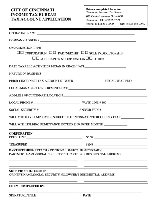 Income Tax Bureau Tax Account Application Form Printable pdf