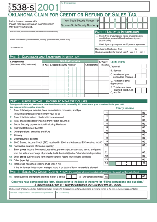 Form 538-S -Claim For Credit Or Refund Of Sales Tax - 2001 Printable pdf