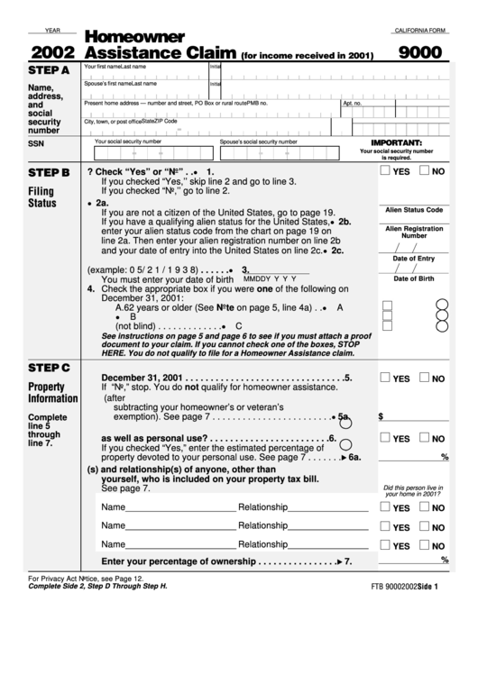 California Form 9000 - Homeowner Assistance Claim - 2002 Printable pdf