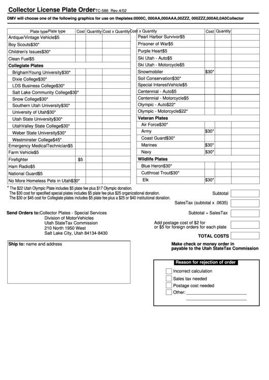 Form Tc-586 - Collector License Plate Order Printable pdf