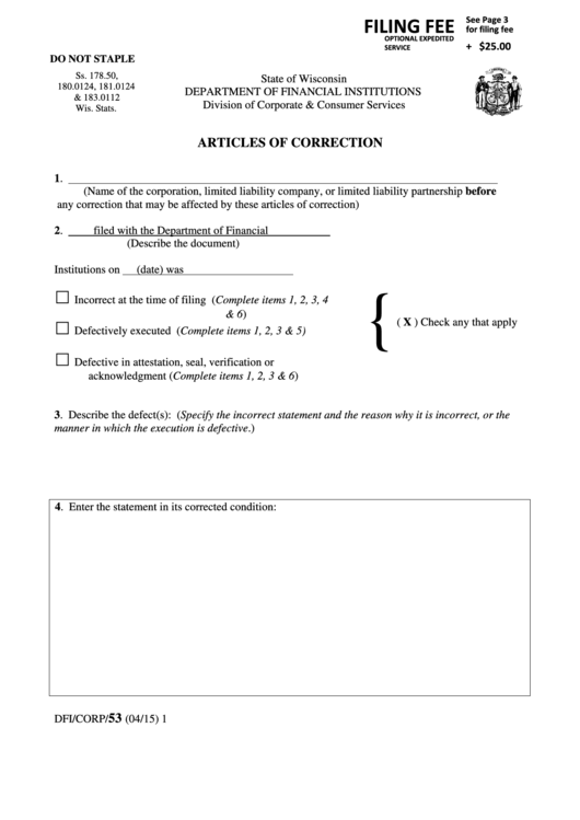 Fillable Form Dfi/corp/53 - Articles Of Correction Printable pdf