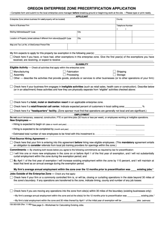 Form 150-303-029 - Oregon Enterprise Zone Precertification Application Printable pdf