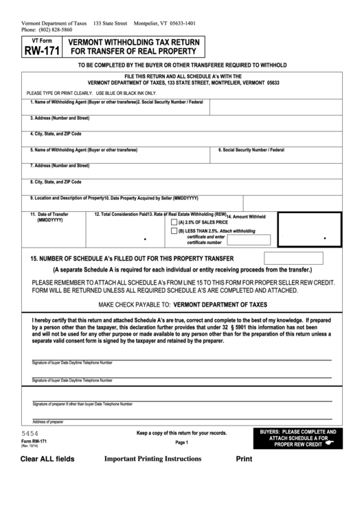 Fillable Form Rw-171 - Vermont Withholding Tax Return For Transfer Of Real Property Printable pdf