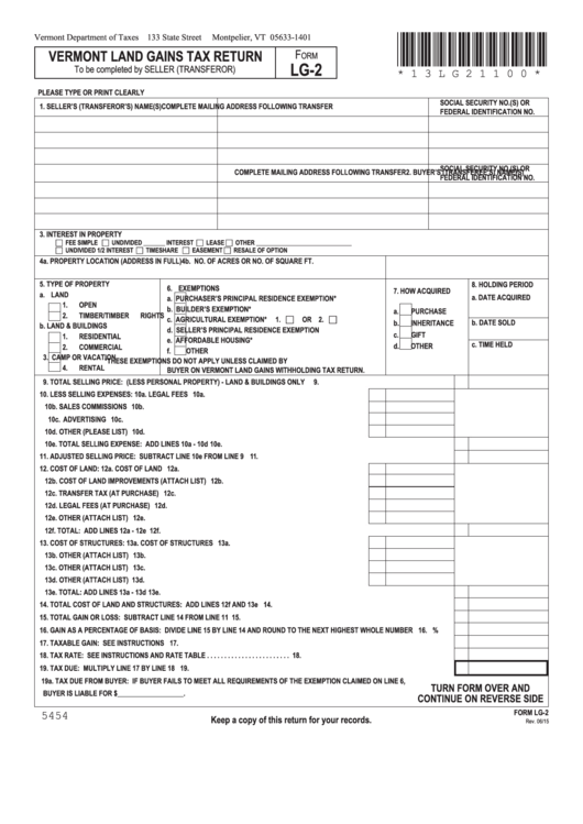 Fillable Form Lg-2 - Vermont Land Gains Tax Return - 2015 Printable pdf