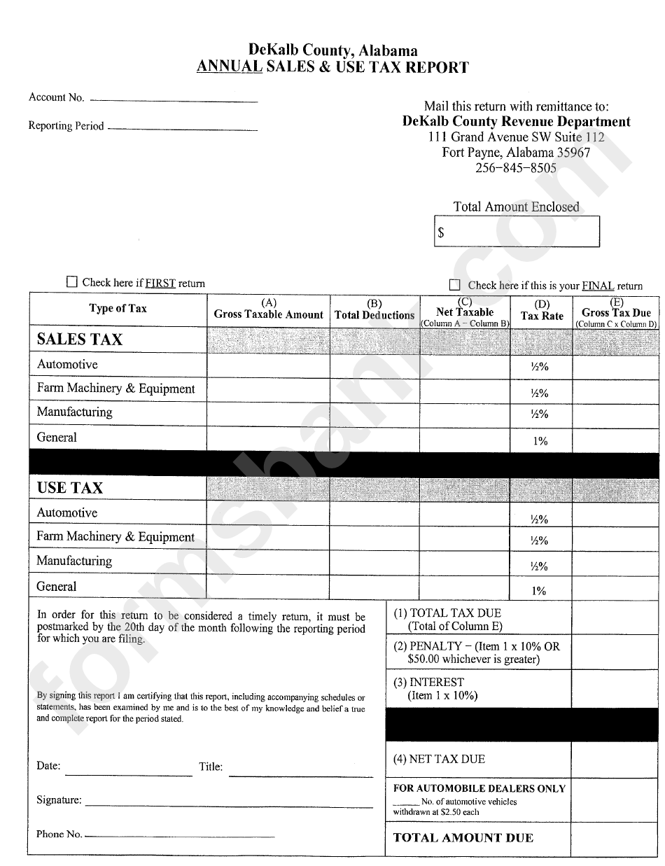Annual Sales & Use Tax Report Form - Dekalb County Revenue Department - Alabama