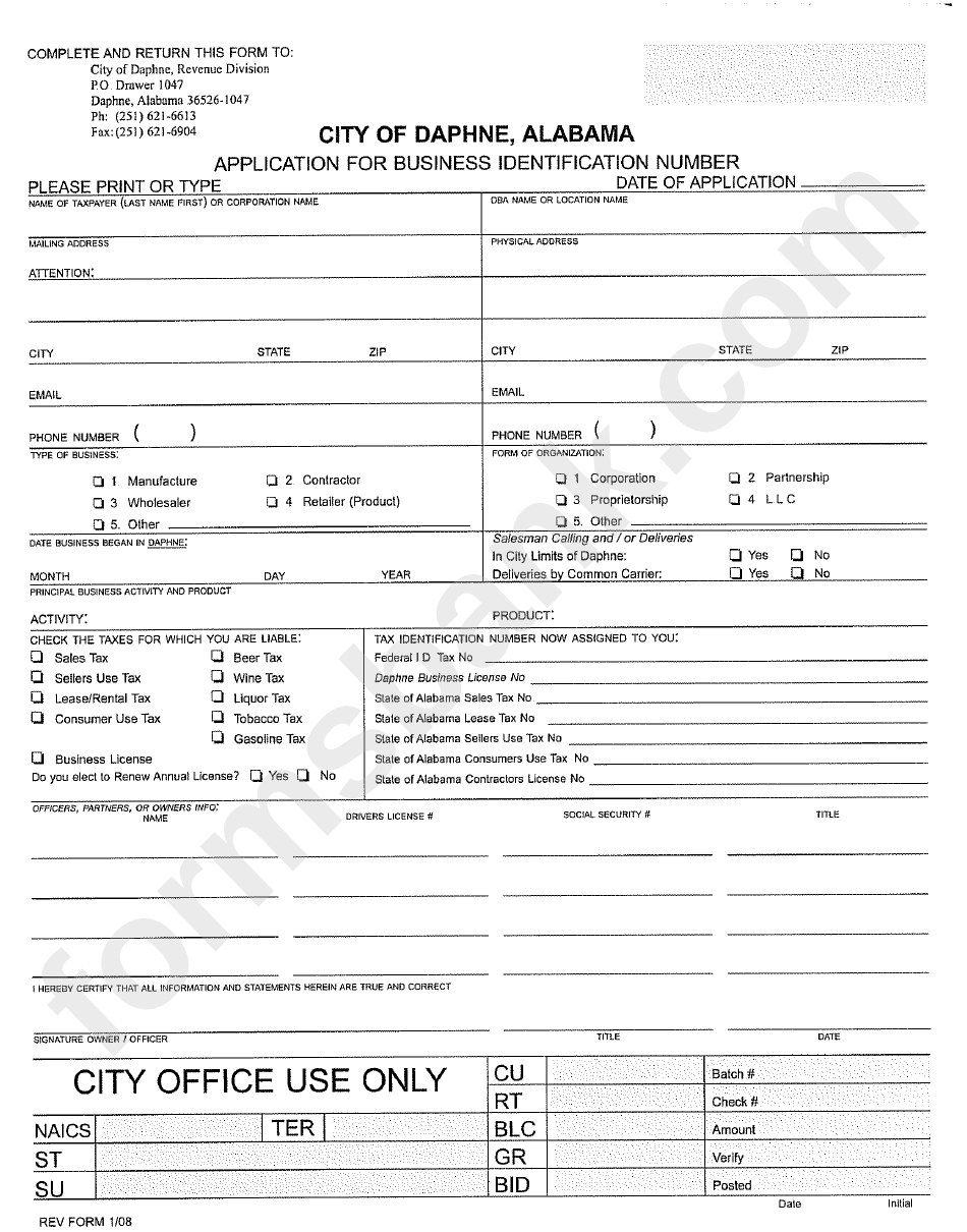 Application For Business Identification Number Form - City Of Daphne - Alabama