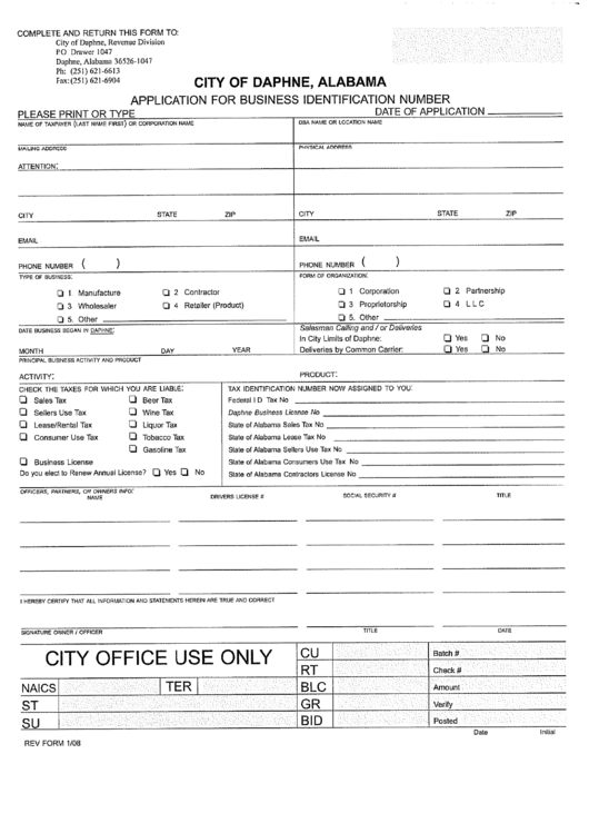Application For Business Identification Number Form - City Of Daphne - Alabama Printable pdf