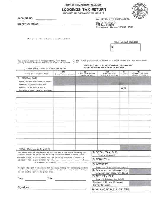 Lodgings Tax Return Form - City Of Burmingham - Alabama Printable pdf