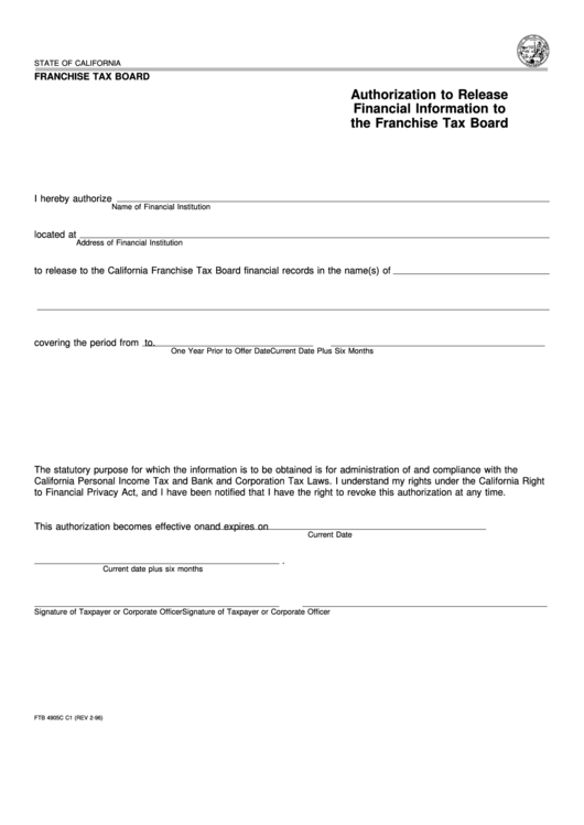 Form Ftb 4905c C1 - Authorization To Release Financial Information To The Franchise Tax Board Printable pdf