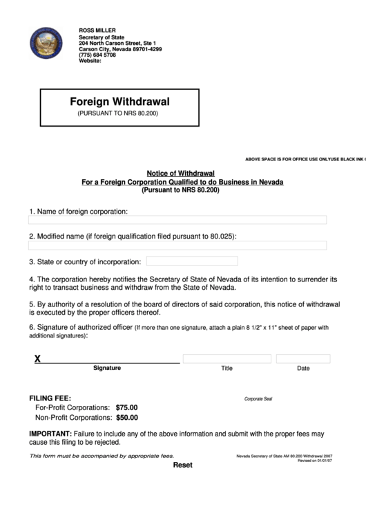 Fillable Form Am 80.200 - Notice Of Withdrawal For A Foreign Corporation Qualified To Do Business Printable pdf