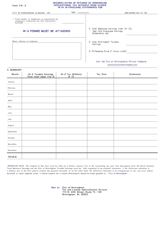 Form P.r - 2 - Reconciliation Of Returns Of Burmingham Occupational Tax Witheld From Wages With Witholding Statements Form - City Of Burmingham - Alabama Printable pdf