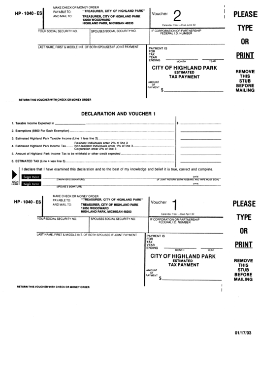 Form Hp-1040-Es - Declaration And Voucher Form - Estimated Tax Payment Printable pdf