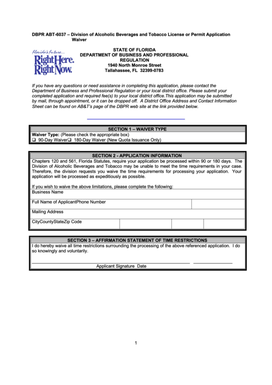 Form Dbpr Abt-6037 - Division Of Alcoholic Beverages And Tobacco License Or Permit Application Waiver Printable pdf
