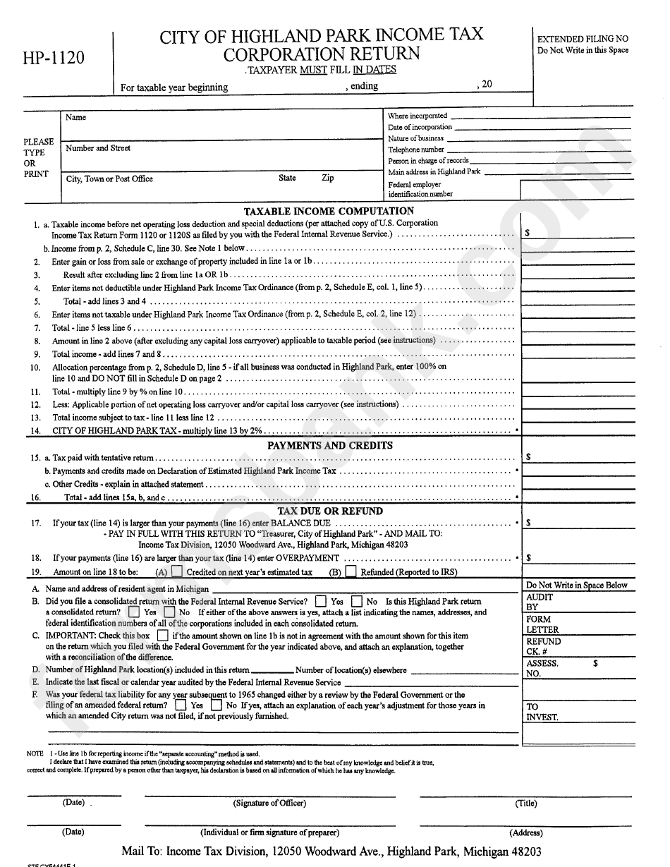 Form Hp-1120 - City Of Highland Park Income Tax Corporation Return Form - Income Tax Division - Highland Park, Michigan