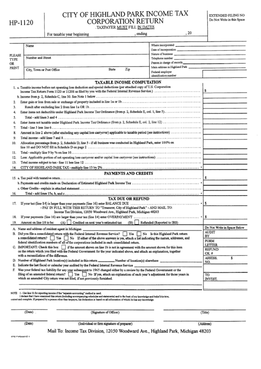 Form Hp-1120 - City Of Highland Park Income Tax Corporation Return Form - Income Tax Division - Highland Park, Michigan Printable pdf