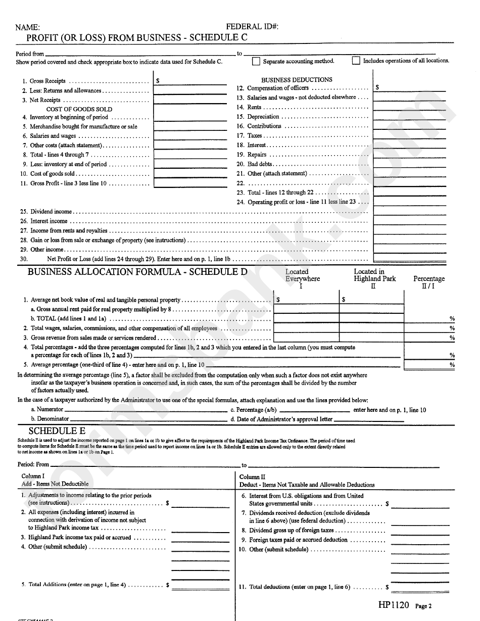Form Hp-1120 - City Of Highland Park Income Tax Corporation Return Form - Income Tax Division - Highland Park, Michigan