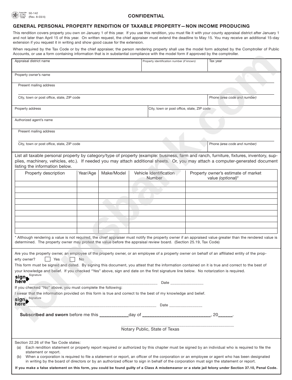 Form 50-142 - General Personal Property Rendition Of Taxable Property - Non Income Producing