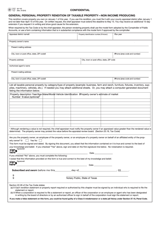 Form 50-142 - General Personal Property Rendition Of Taxable Property - Non Income Producing Printable pdf