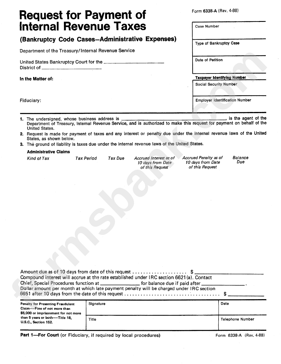 Form 6338-A - Request For Payment Of Intervnal Revenue Taxes