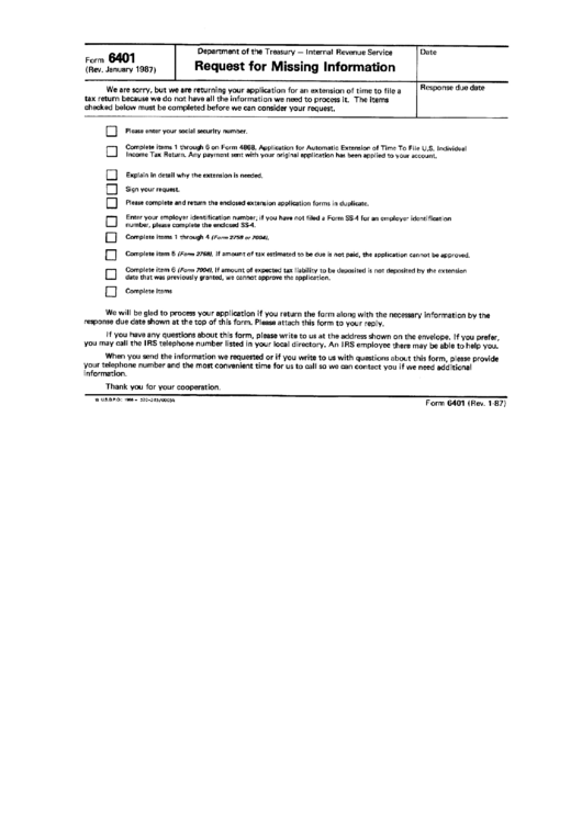 Form 6401 - Request For Missing Information Printable pdf