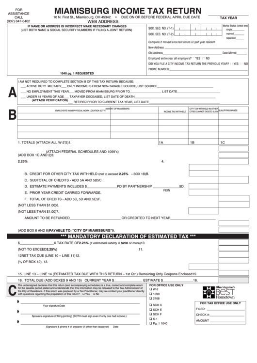 Fillable Form Mq-1 - Miamisburg Income Tax Return printable pdf download