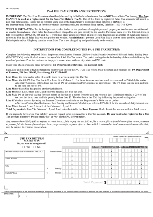 Form Pa-1 As - Use Tax Return Form Printable pdf
